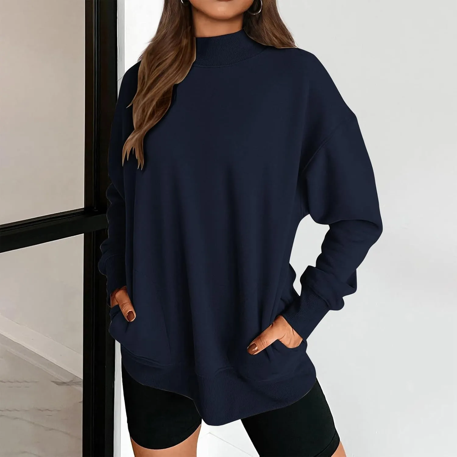 Womens Tops Casual Long Sleeve Sweatshirt Turtleneck Lightweight Coats Daily Fashion Fall Pullover Top with Pockets