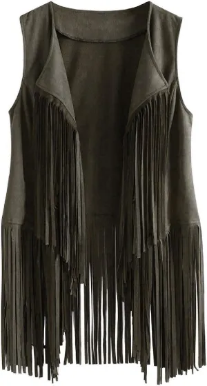Womens Vintage Western Fringe Vest Tops Suede Leather 70s Cowboy Shirts Sleeveless Tassel Cardigan Waistcoats