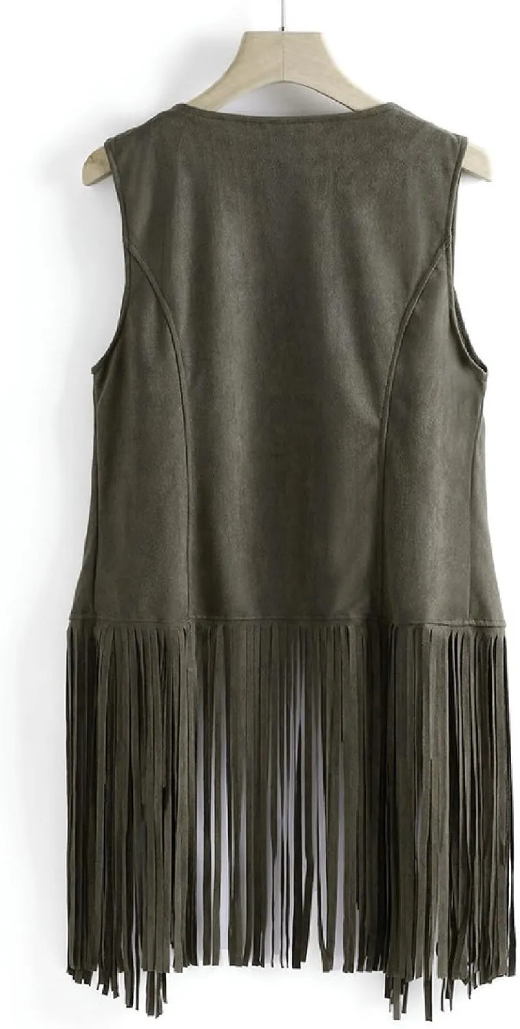 Womens Vintage Western Fringe Vest Tops Suede Leather 70s Cowboy Shirts Sleeveless Tassel Cardigan Waistcoats