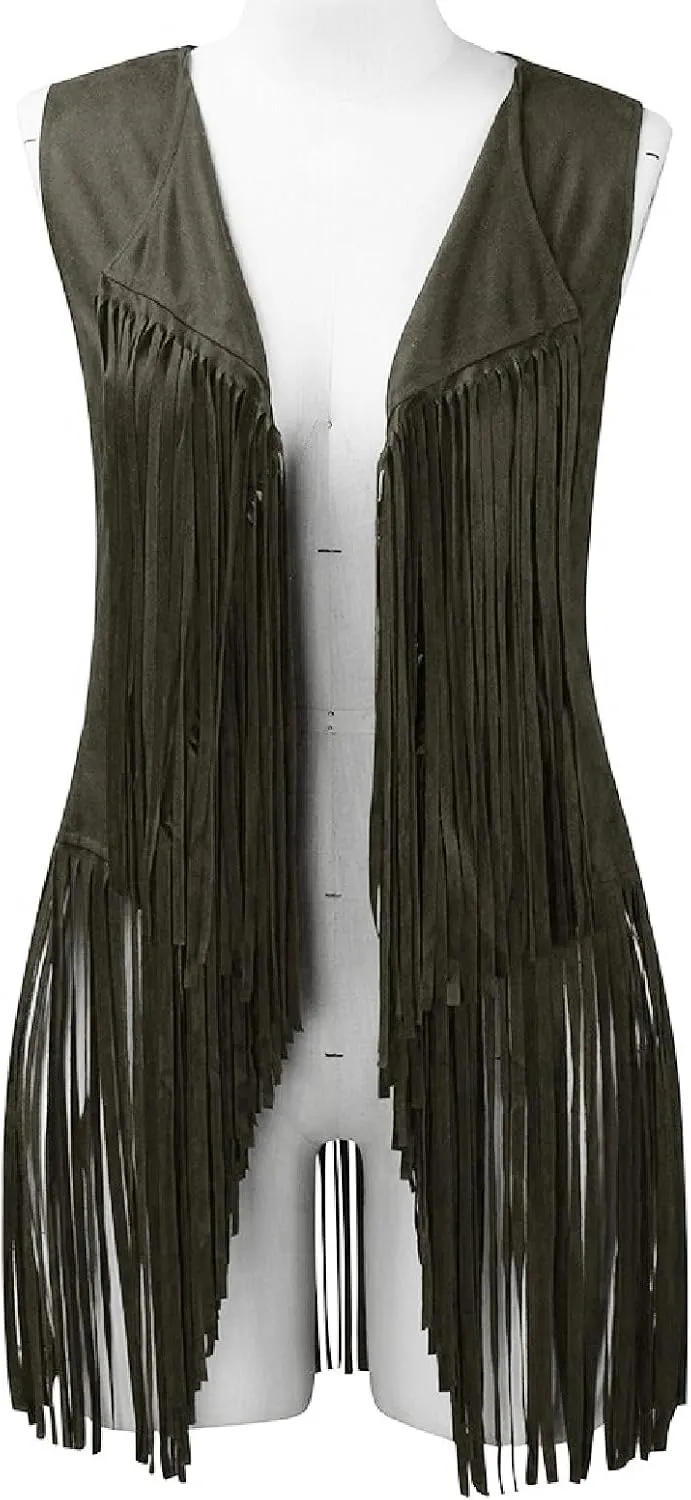 Womens Vintage Western Fringe Vest Tops Suede Leather 70s Cowboy Shirts Sleeveless Tassel Cardigan Waistcoats