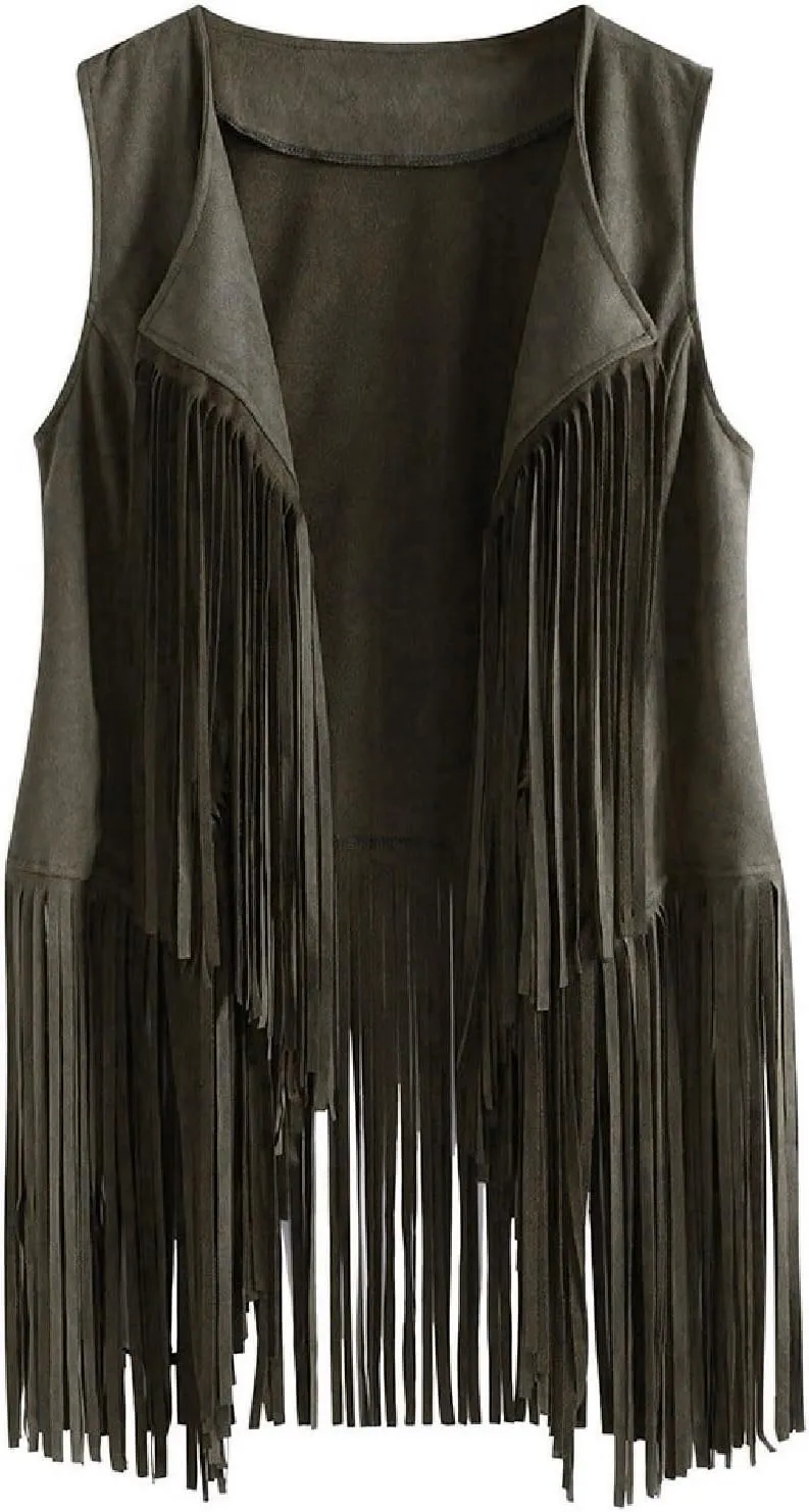Womens Vintage Western Fringe Vest Tops Suede Leather 70s Cowboy Shirts Sleeveless Tassel Cardigan Waistcoats