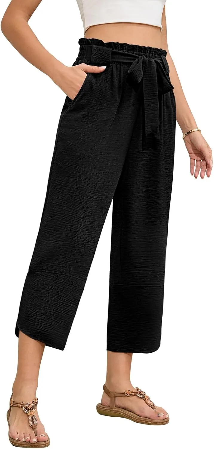 Womens Wide Leg Capri Pants Elastic High Waisted Adjustable Knot Pants Loose Casual Trousers with Pockets