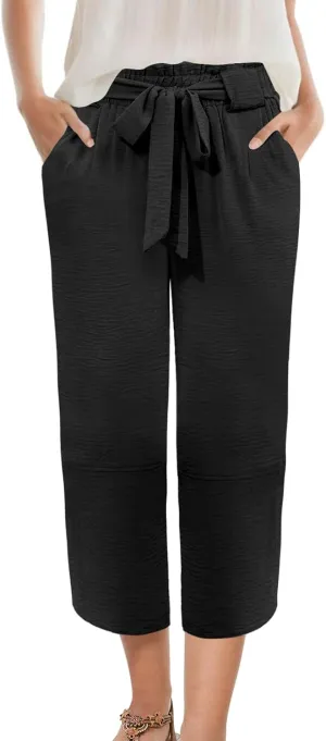 Womens Wide Leg Capri Pants Elastic High Waisted Adjustable Knot Pants Loose Casual Trousers with Pockets