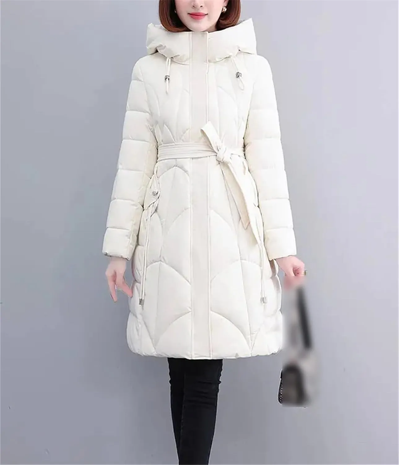 Womens Winter Hooded Parkas Long Cotton Padded Down Coat Thick Warm Puffer Jacket Clothes With Belt