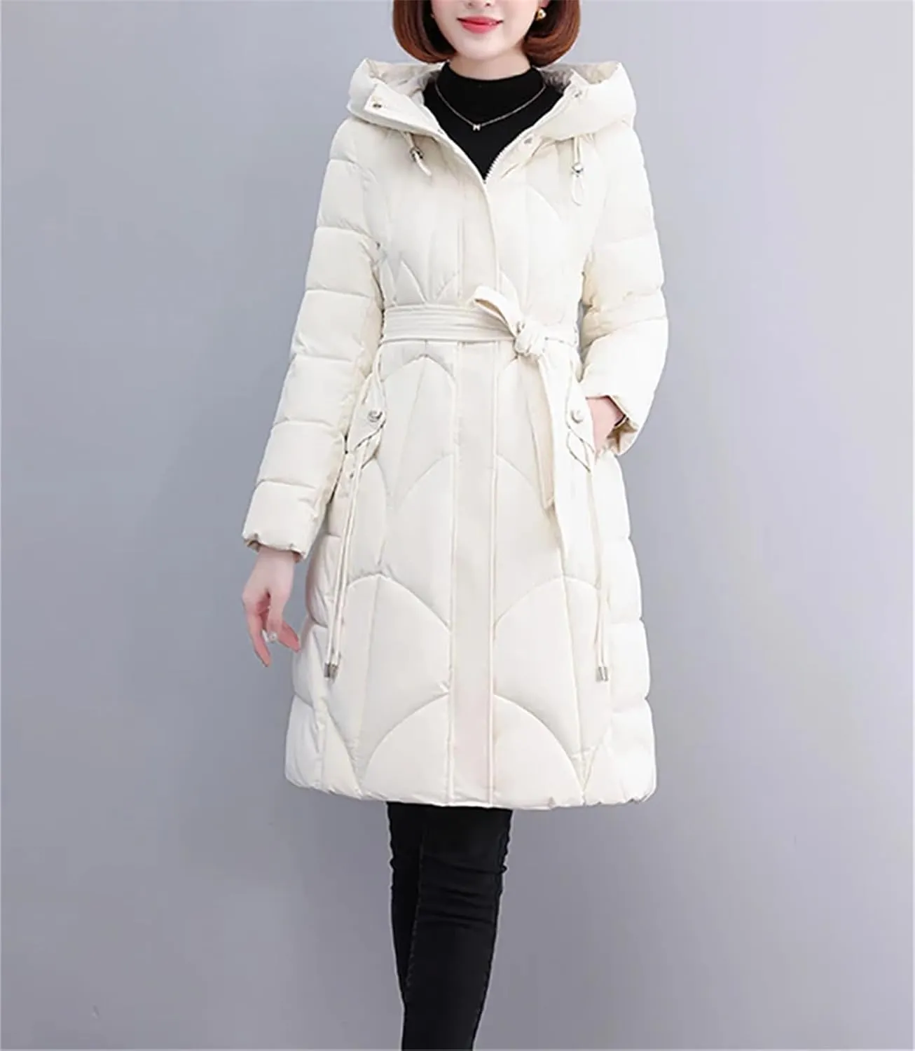 Womens Winter Hooded Parkas Long Cotton Padded Down Coat Thick Warm Puffer Jacket Clothes With Belt