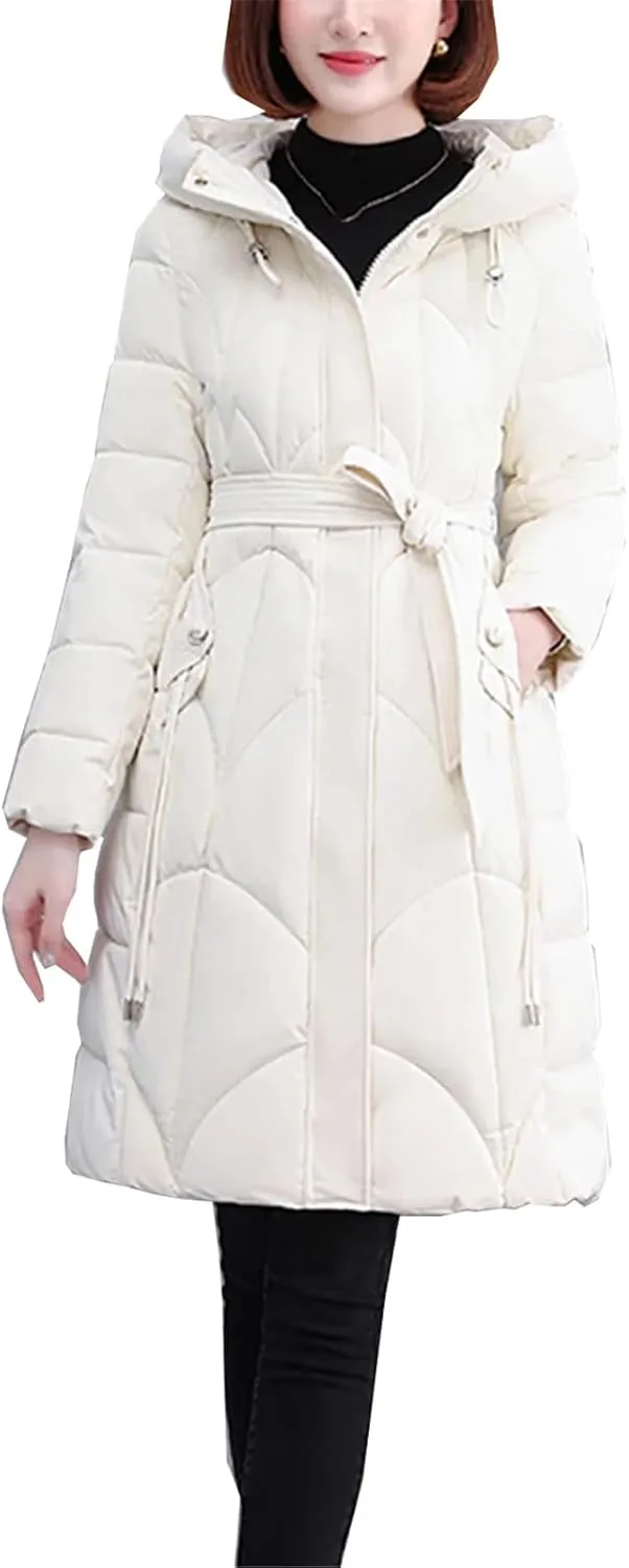 Womens Winter Hooded Parkas Long Cotton Padded Down Coat Thick Warm Puffer Jacket Clothes With Belt