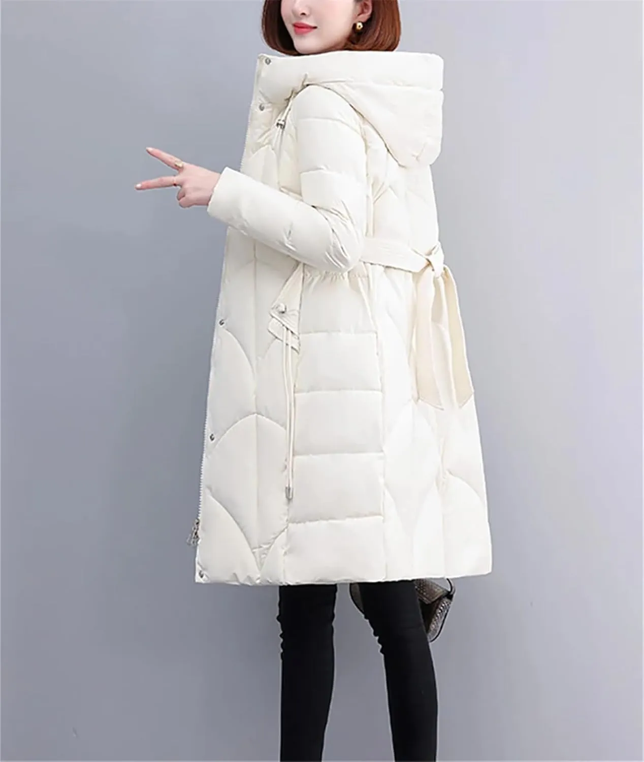 Womens Winter Hooded Parkas Long Cotton Padded Down Coat Thick Warm Puffer Jacket Clothes With Belt