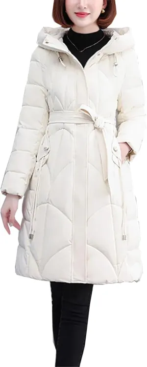 Womens Winter Hooded Parkas Long Cotton Padded Down Coat Thick Warm Puffer Jacket Clothes With Belt