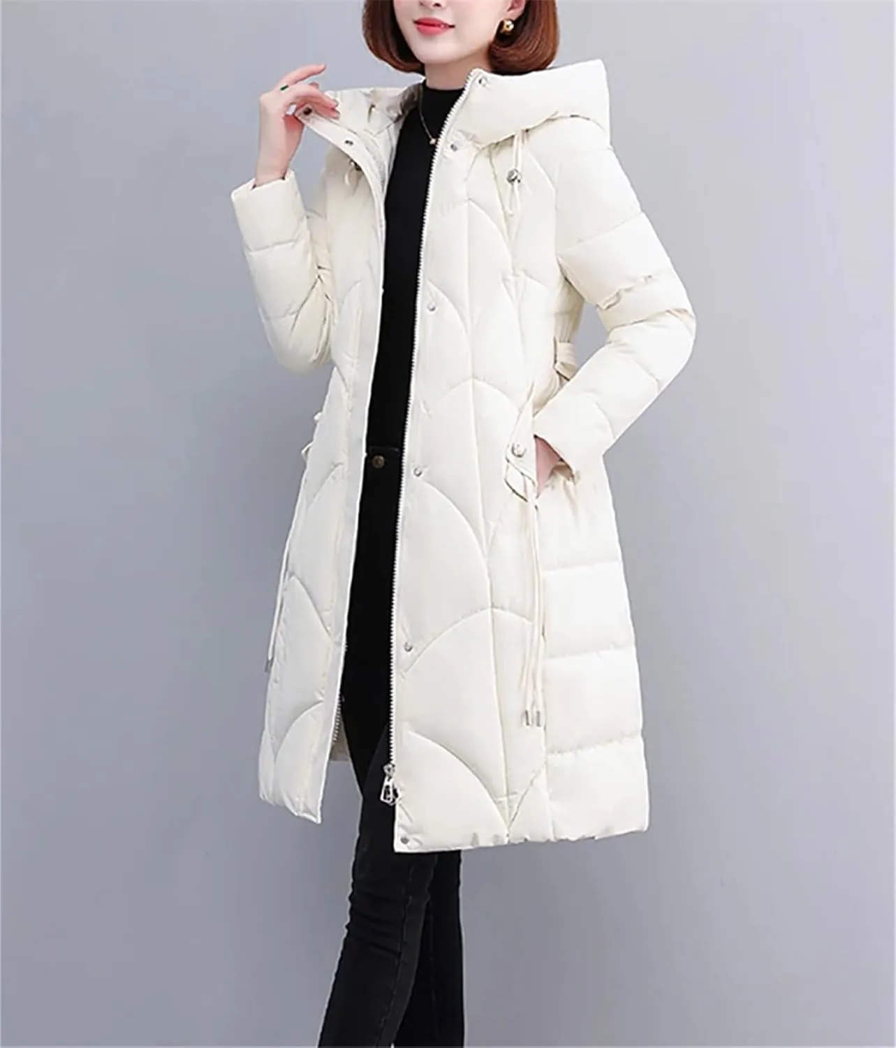 Womens Winter Hooded Parkas Long Cotton Padded Down Coat Thick Warm Puffer Jacket Clothes With Belt