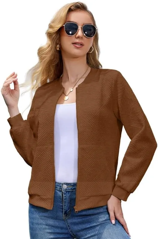 WROLEM Women Zip Up Sweatshirts with Pockets Long Sleeve Jackets Casual Loose Stand Collar Lightweight Short Outwear
