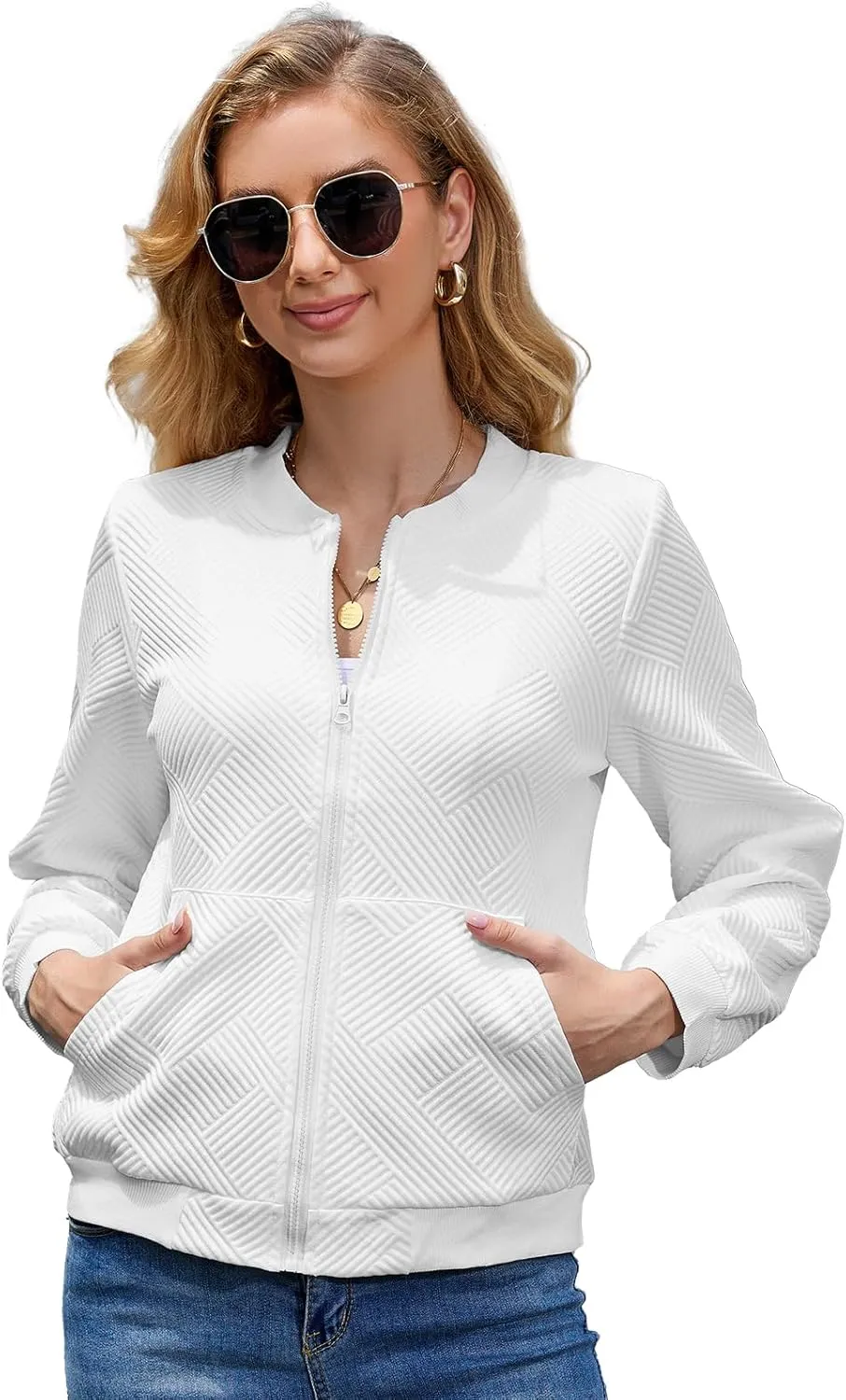 WROLEM Women Zip Up Sweatshirts with Pockets Long Sleeve Jackets Casual Loose Stand Collar Lightweight Short Outwear