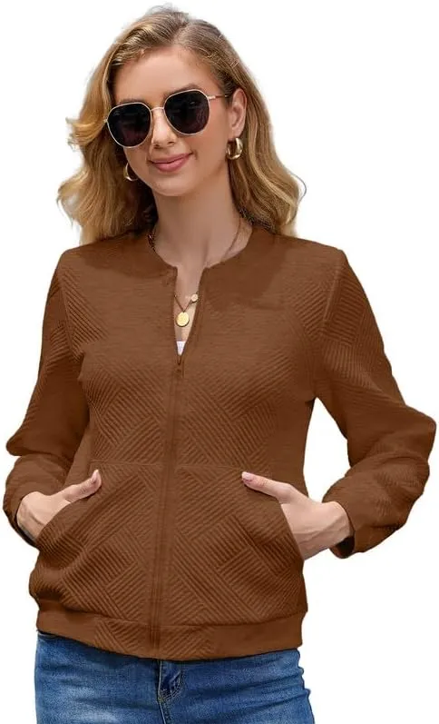 WROLEM Women Zip Up Sweatshirts with Pockets Long Sleeve Jackets Casual Loose Stand Collar Lightweight Short Outwear