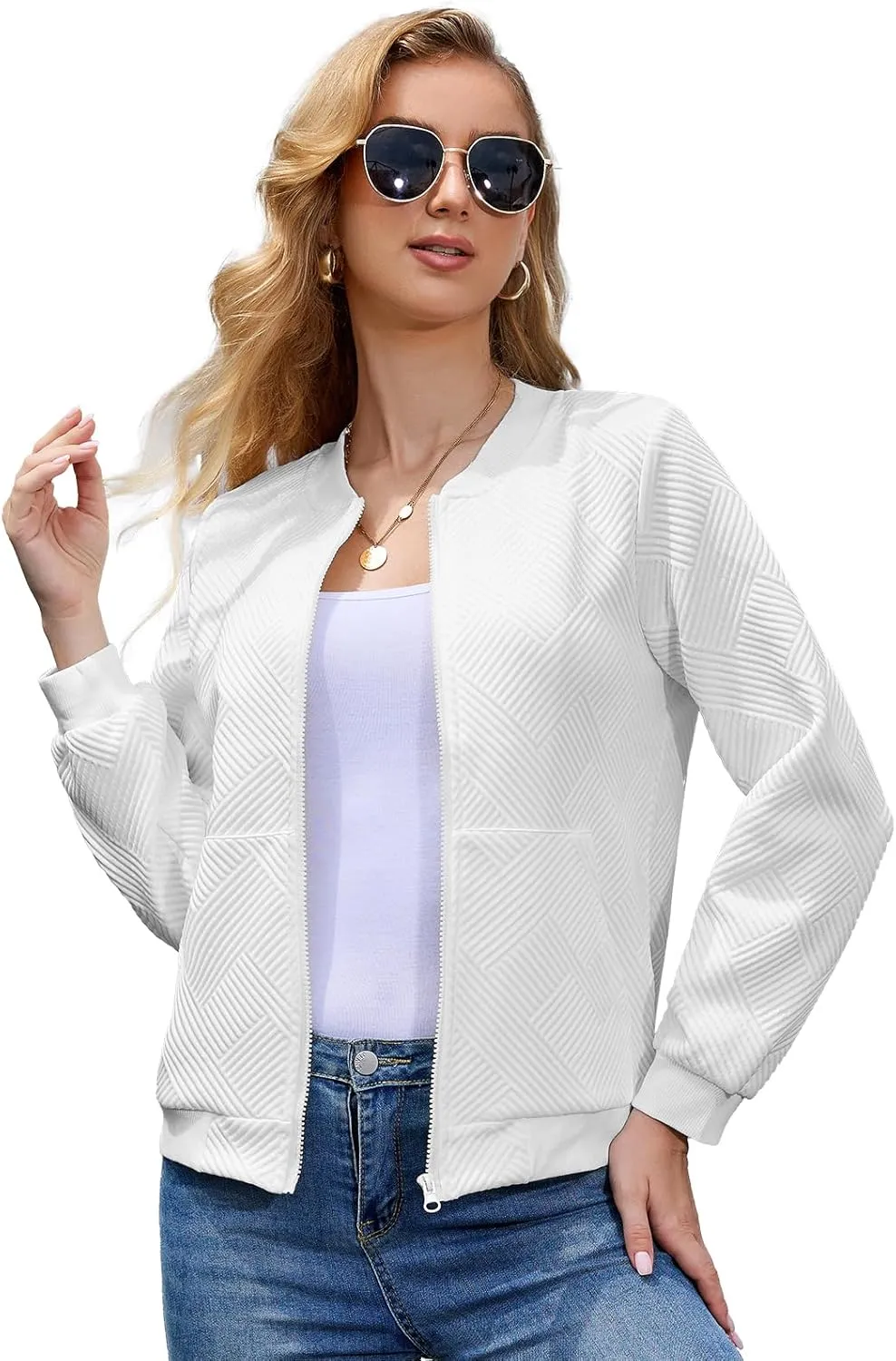 WROLEM Women Zip Up Sweatshirts with Pockets Long Sleeve Jackets Casual Loose Stand Collar Lightweight Short Outwear