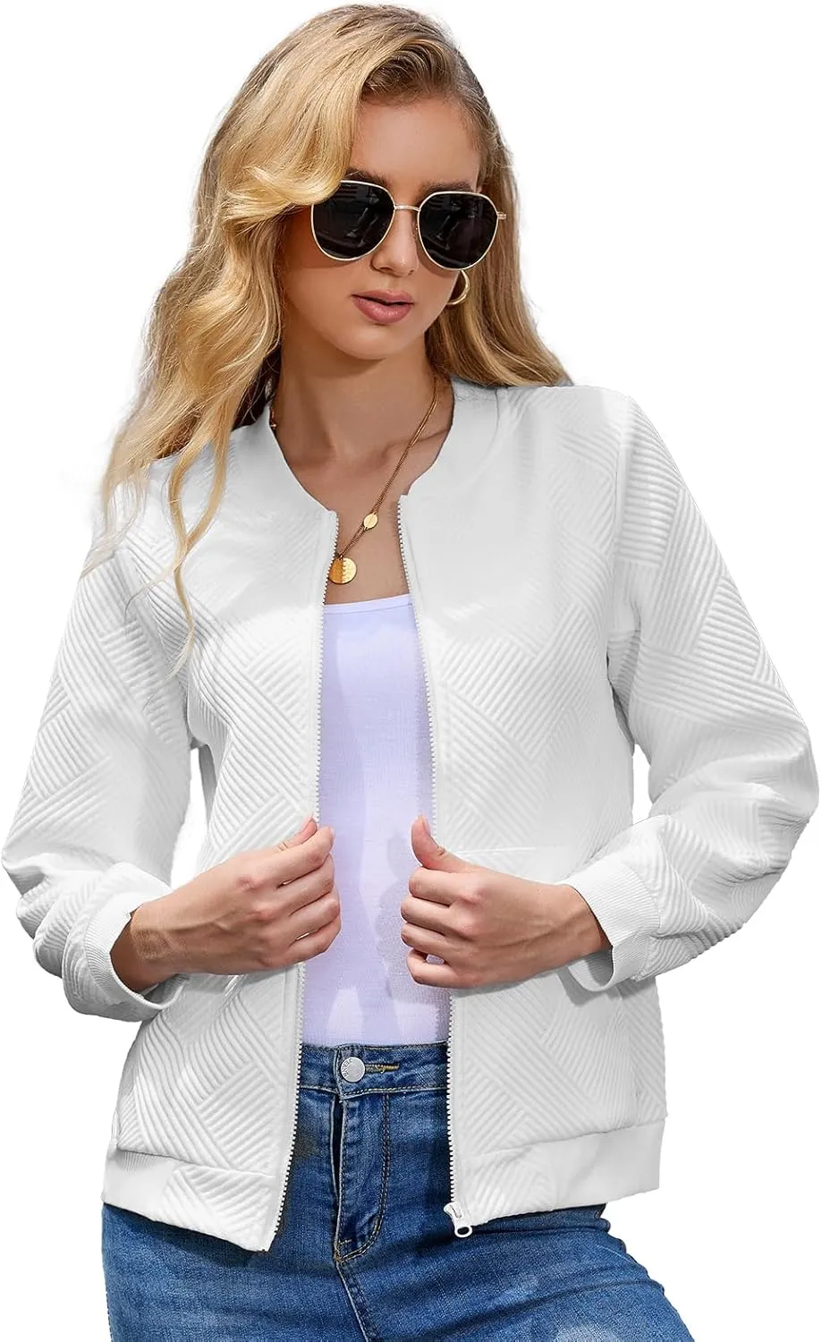 WROLEM Women Zip Up Sweatshirts with Pockets Long Sleeve Jackets Casual Loose Stand Collar Lightweight Short Outwear