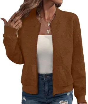 WROLEM Women Zip Up Sweatshirts with Pockets Long Sleeve Jackets Casual Loose Stand Collar Lightweight Short Outwear
