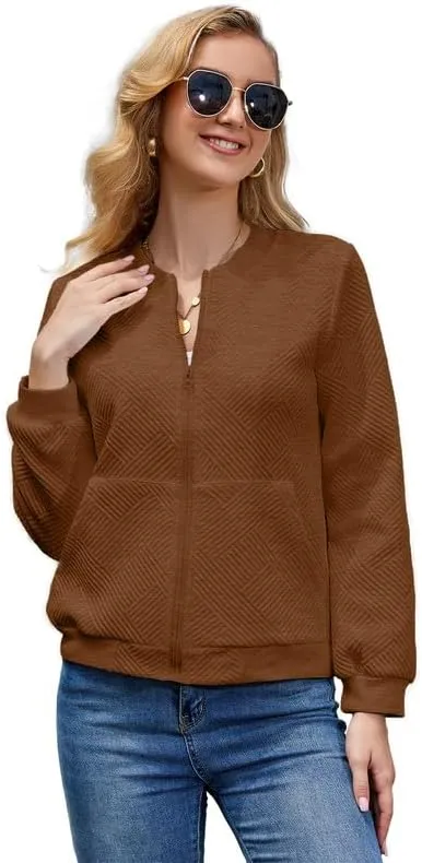 WROLEM Women Zip Up Sweatshirts with Pockets Long Sleeve Jackets Casual Loose Stand Collar Lightweight Short Outwear