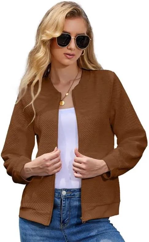 WROLEM Women Zip Up Sweatshirts with Pockets Long Sleeve Jackets Casual Loose Stand Collar Lightweight Short Outwear