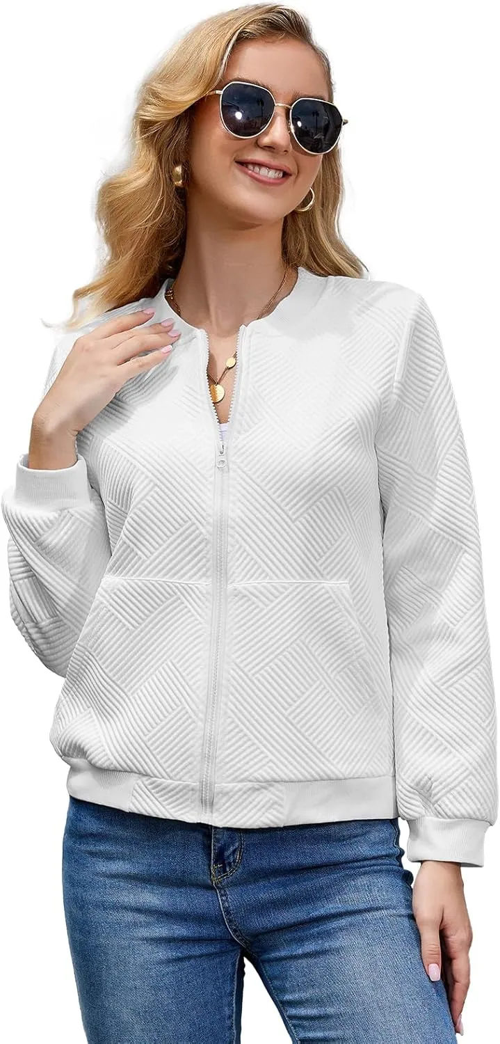 WROLEM Women Zip Up Sweatshirts with Pockets Long Sleeve Jackets Casual Loose Stand Collar Lightweight Short Outwear