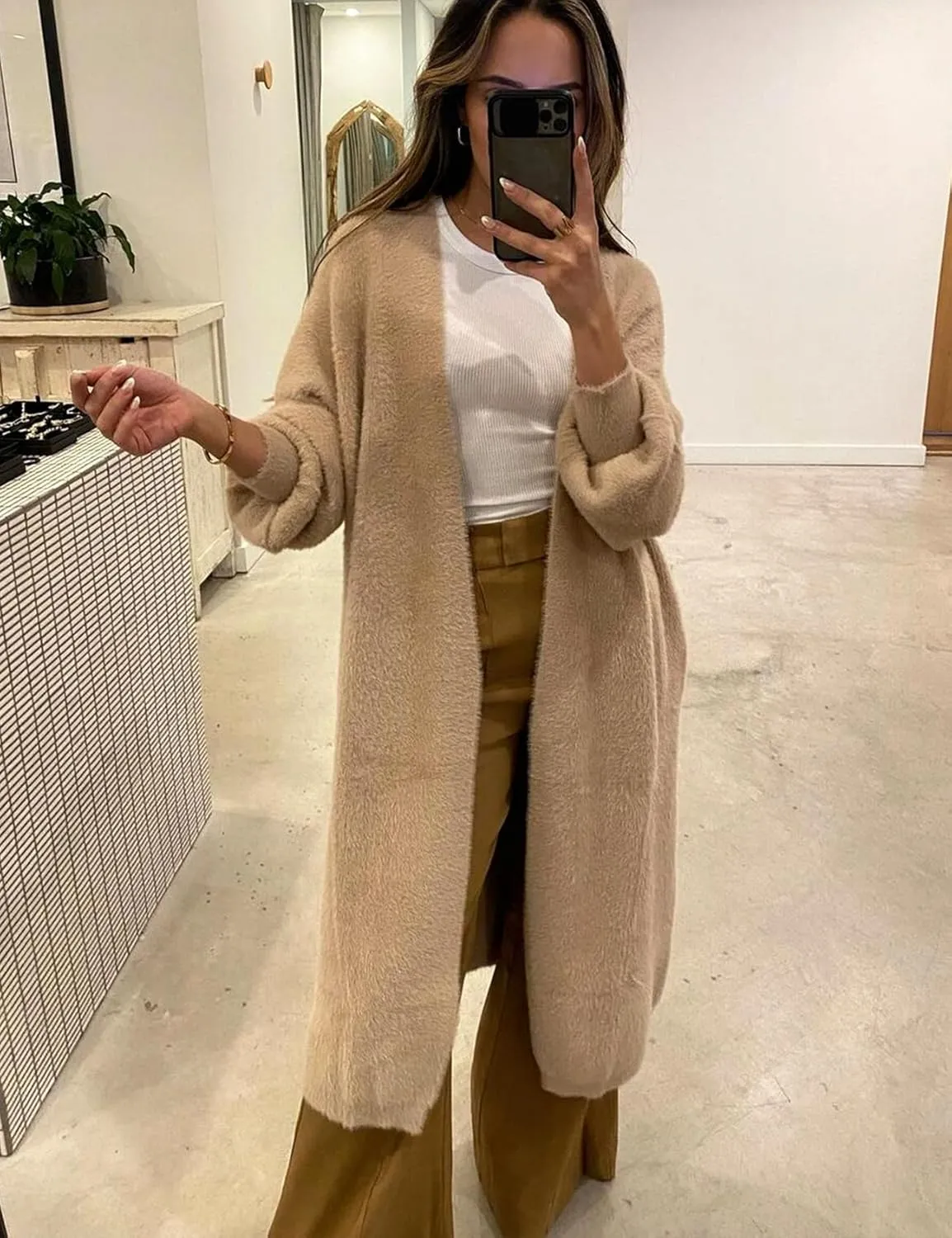Wyeysyt Womens Fuzzy Long Cardigans Cozy Long Sleeve Open Front Duster Sweater with Belt
