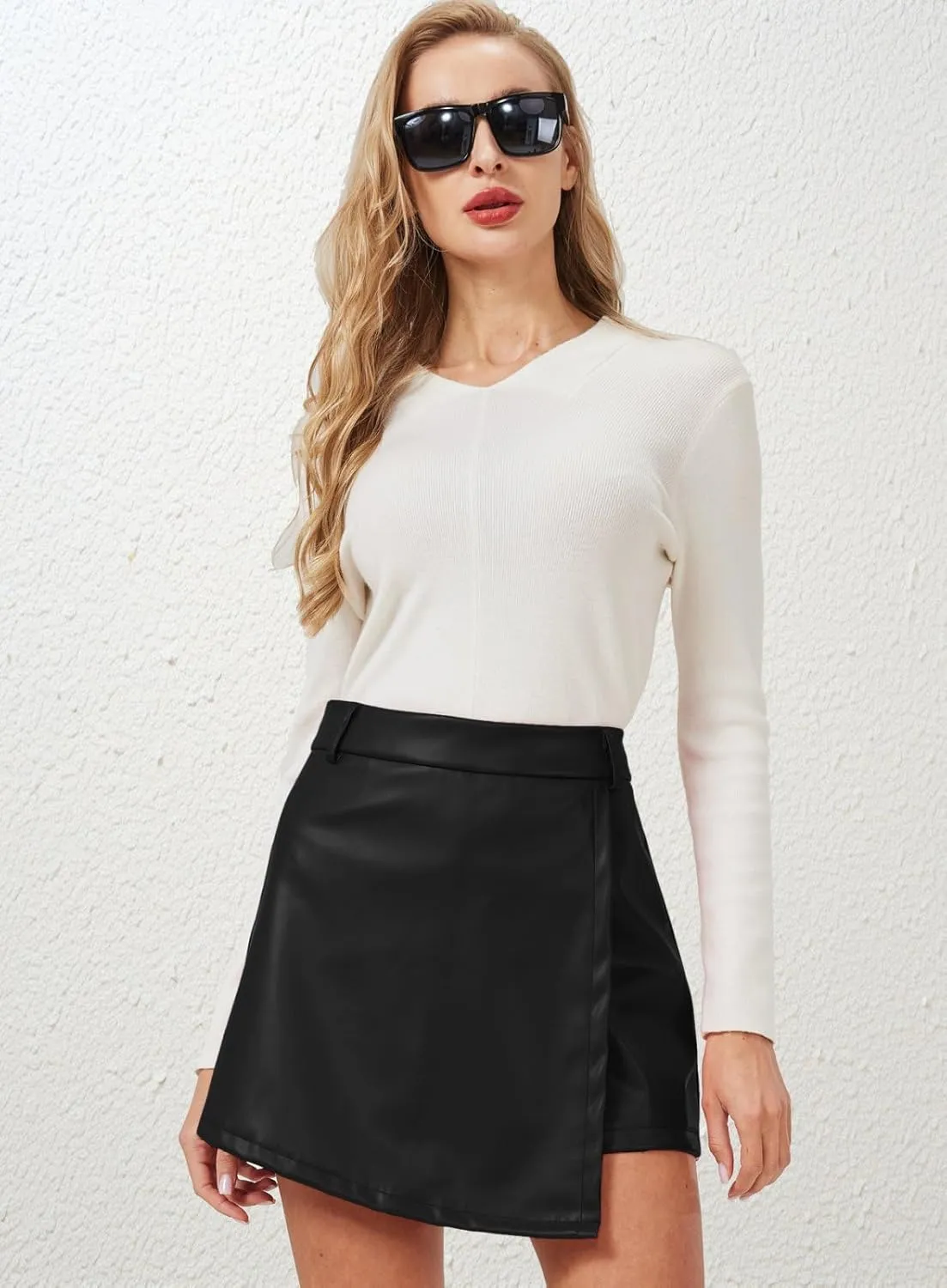 XinYangNi Women's Casual High Waisted Asymmetrical Hem A-line Plaid Faux Leather Dressy Wrap Skort Shorts
