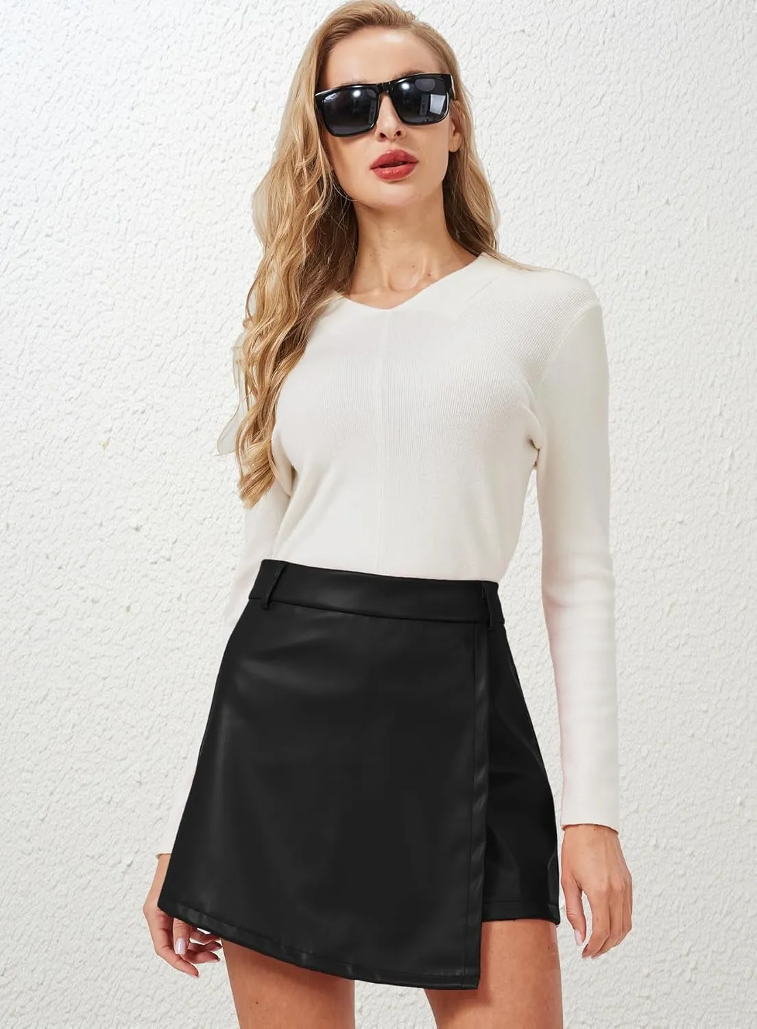 XinYangNi Women's Casual High Waisted Asymmetrical Hem A-line Plaid Faux Leather Dressy Wrap Skort Shorts