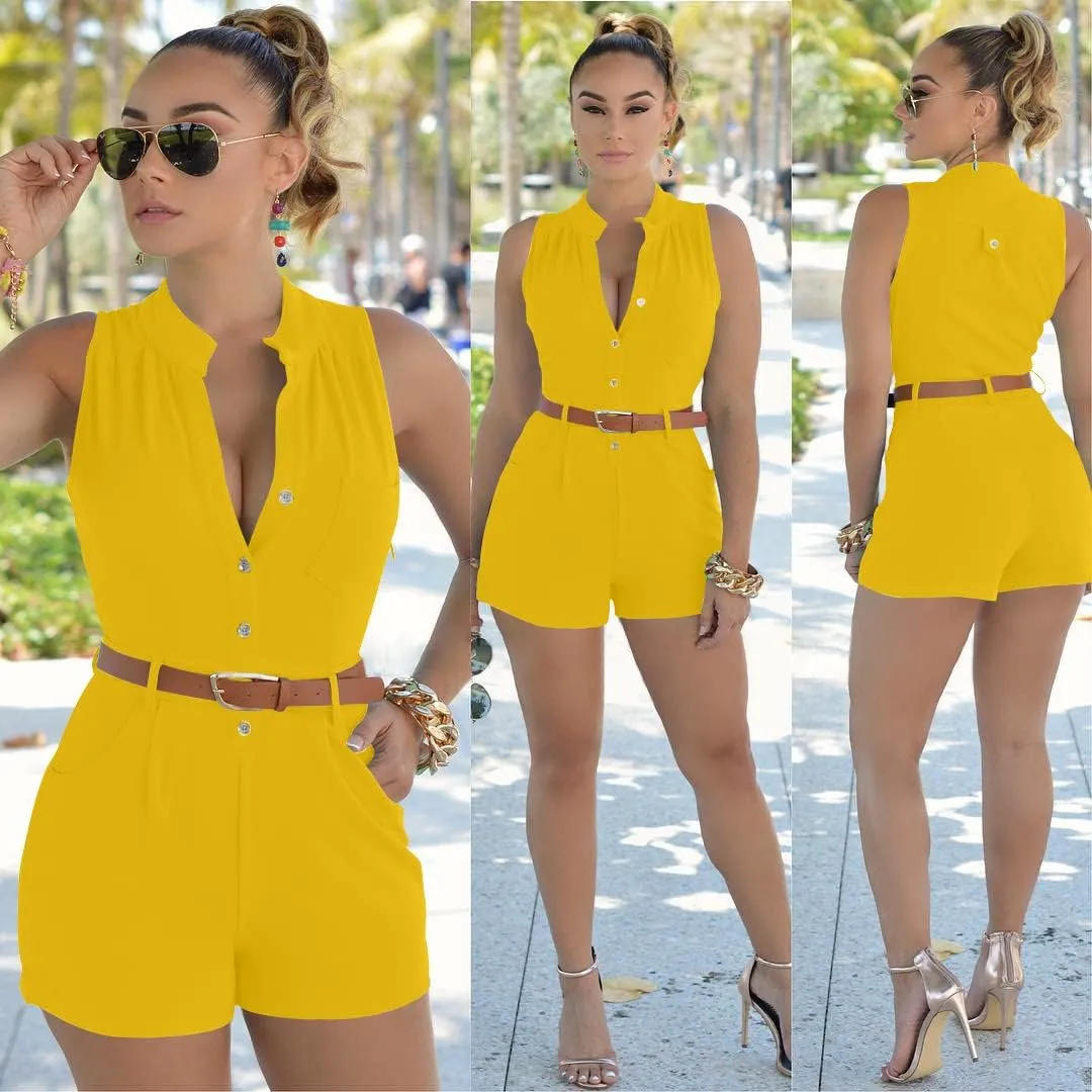 XXTAXN Women's Sexy V Neck Rompers One Piece Short Jumpsuit with Belt And Pockets