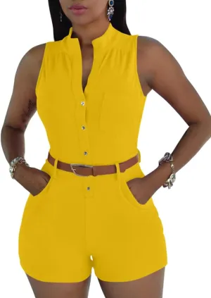 XXTAXN Women's Sexy V Neck Rompers One Piece Short Jumpsuit with Belt And Pockets