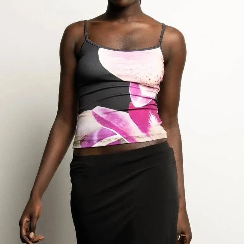 Y2K Womens Floral Print Camisole Sleeveless Low Cut Slim Fit Cami Sexy Spaghetti Strap Flower Pattern Tops