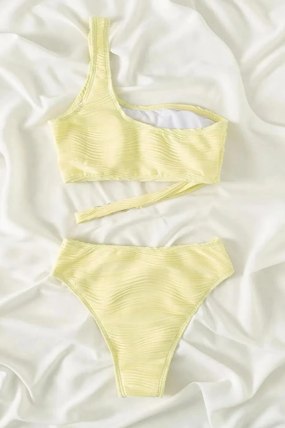Yellow Cream Wavy Textured Asymmetrical One Shoulder Bikini