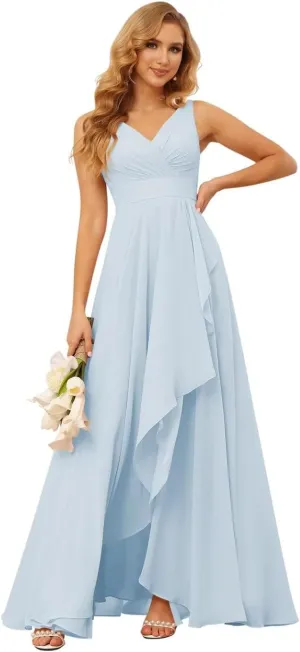 YMSHA V Neck Chiffon Bridesmaid Dresses for Women Side Slit Pleated Formal Evening Dress for Girls YMS134