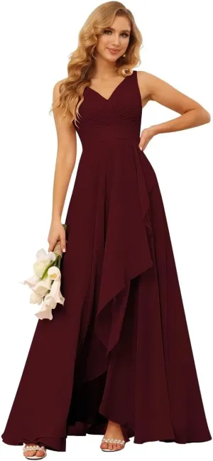 YMSHA V Neck Chiffon Bridesmaid Dresses for Women Side Slit Pleated Formal Evening Dress for Girls YMS134