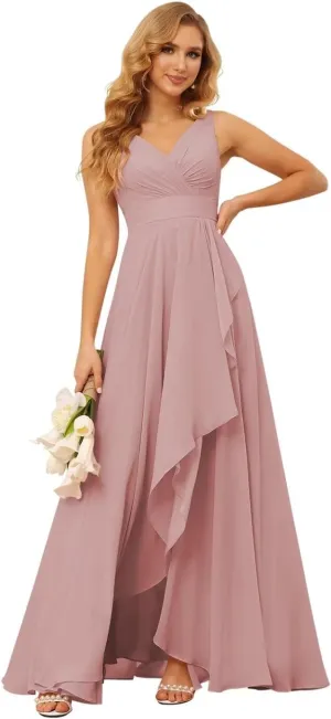 YMSHA V Neck Chiffon Bridesmaid Dresses for Women Side Slit Pleated Formal Evening Dress for Girls YMS134
