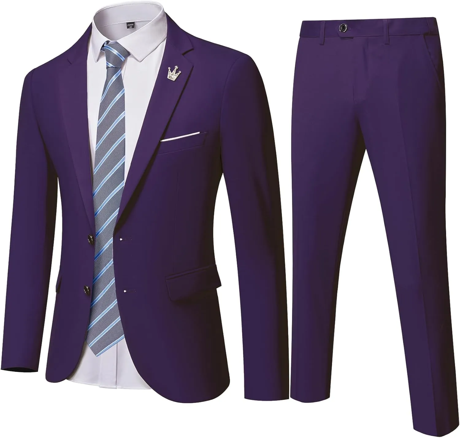 YND Men's Slim Fit 2 Piece Suit, 2 Button Notch Lapel Solid Jacket Pants Set with Tie, Party Wedding Dress Blazer Tux
