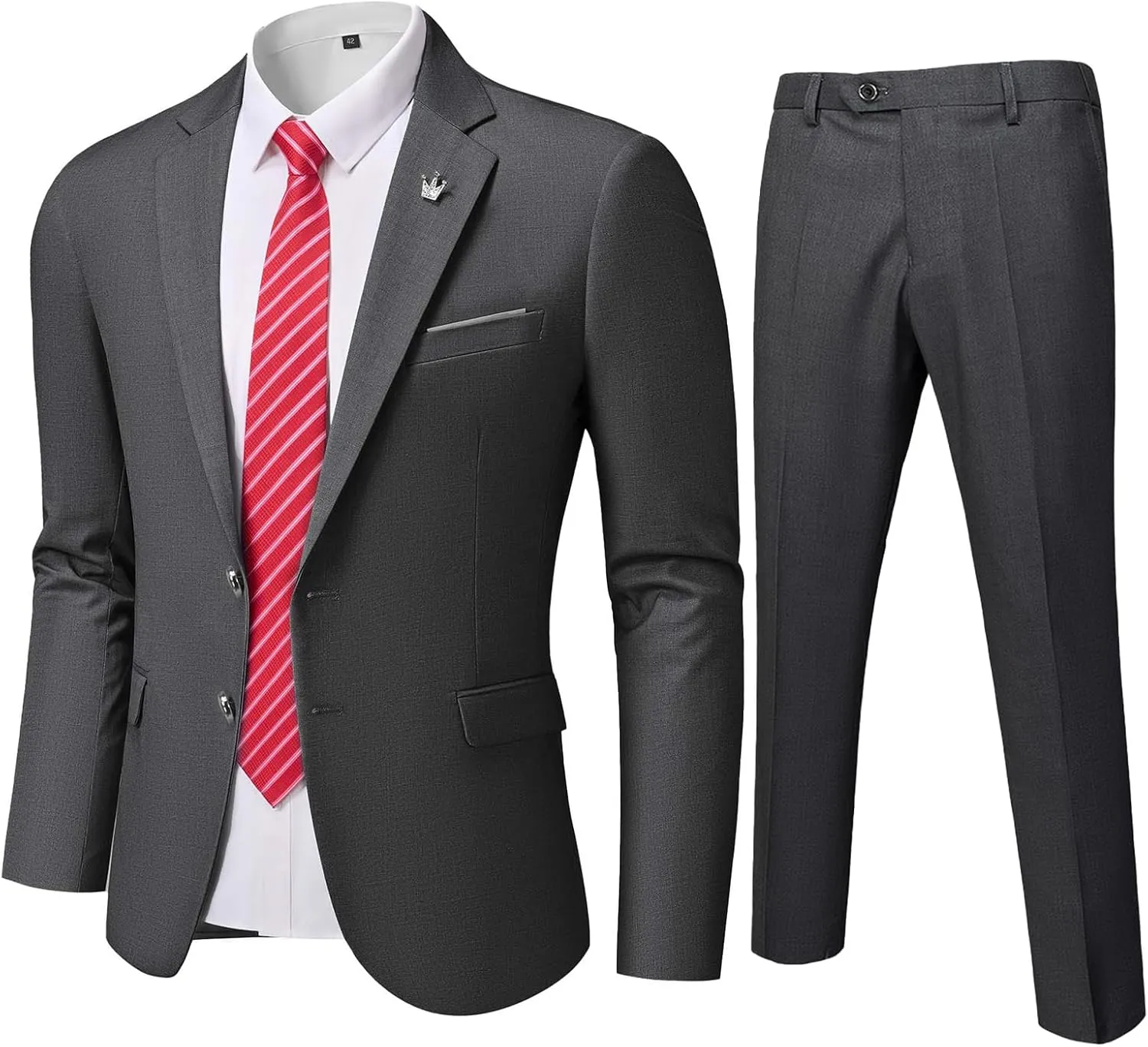 YND Men's Slim Fit 2 Piece Suit, 2 Button Notch Lapel Solid Jacket Pants Set with Tie, Party Wedding Dress Blazer Tux