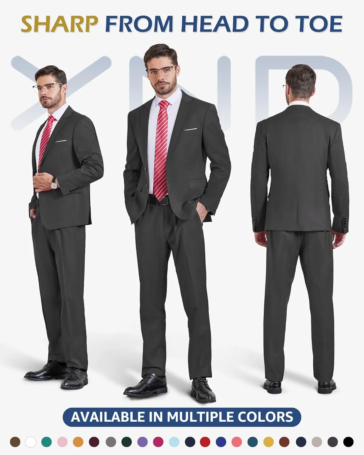 YND Men's Slim Fit 2 Piece Suit, 2 Button Notch Lapel Solid Jacket Pants Set with Tie, Party Wedding Dress Blazer Tux