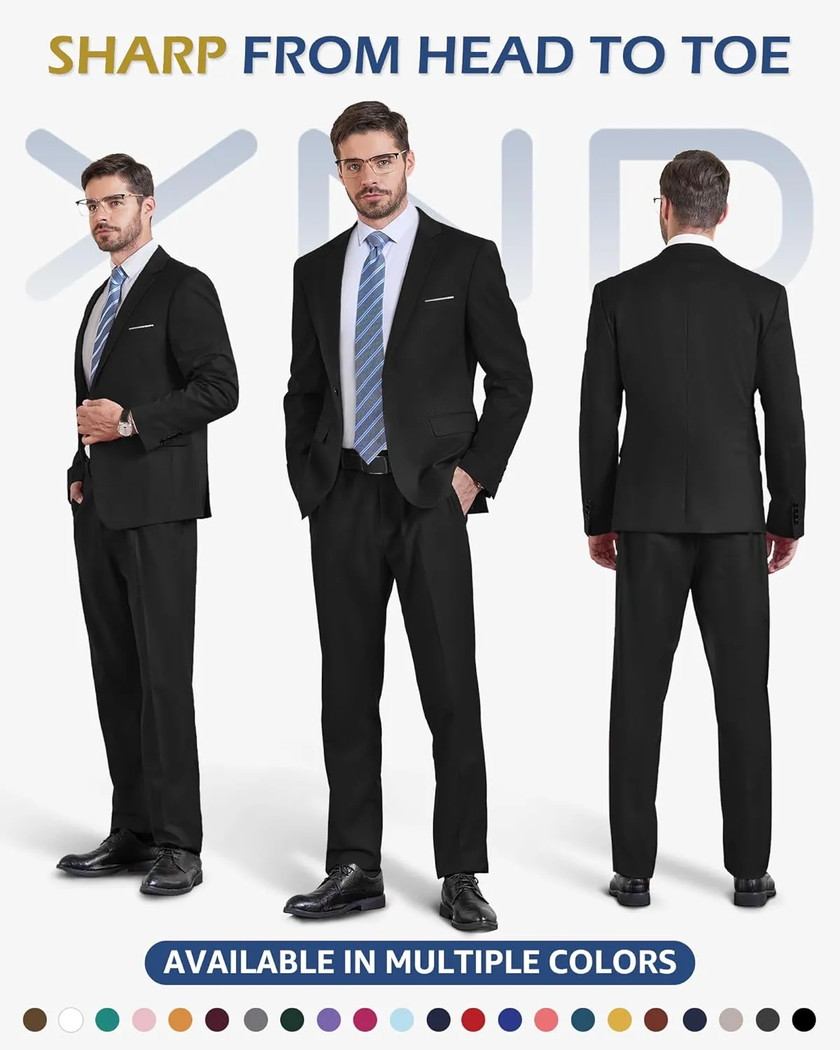 YND Men's Slim Fit 2 Piece Suit, One Button Solid Jacket Pants Set with Tie