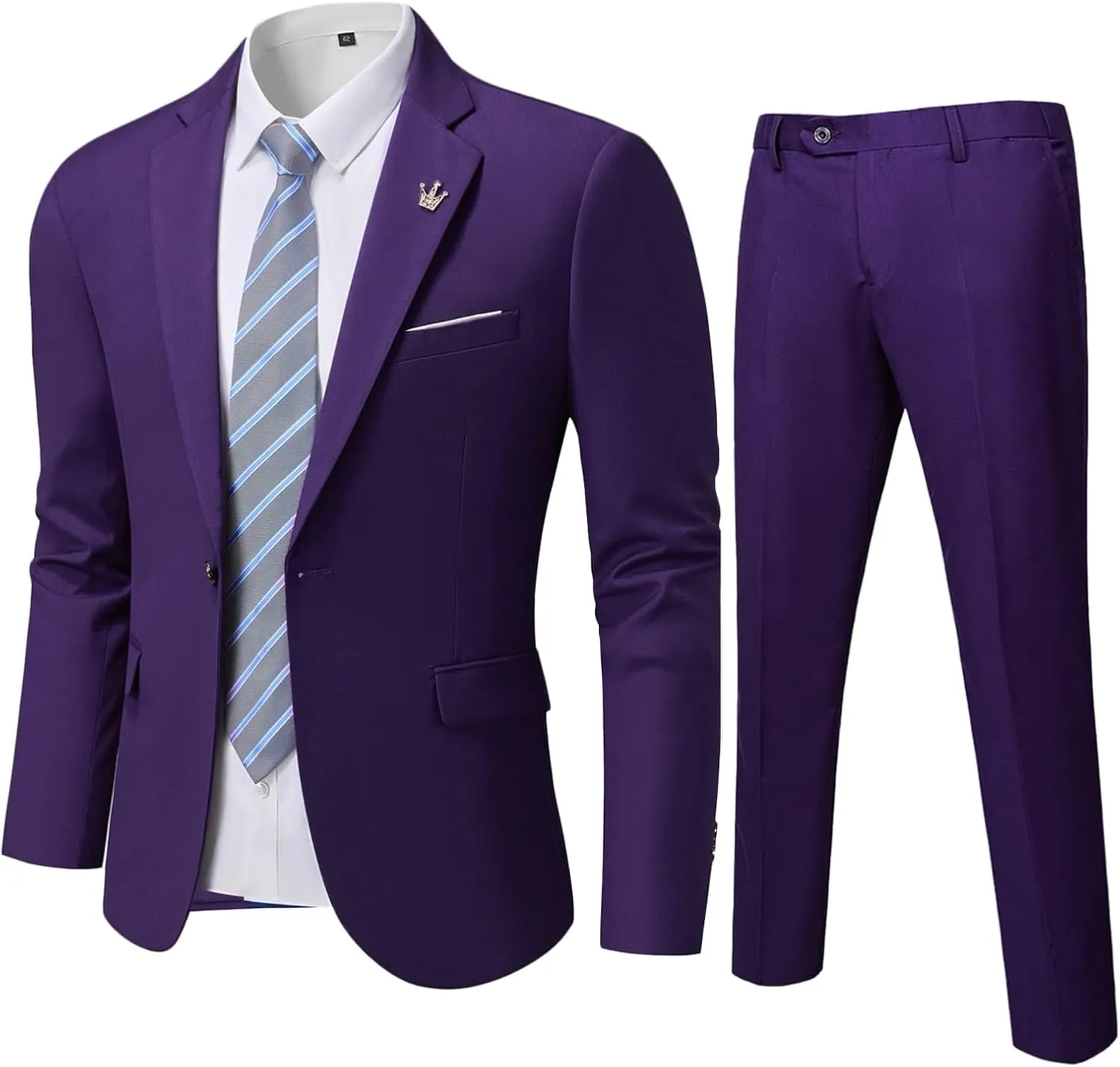 YND Men's Slim Fit 2 Piece Suit, One Button Solid Jacket Pants Set with Tie