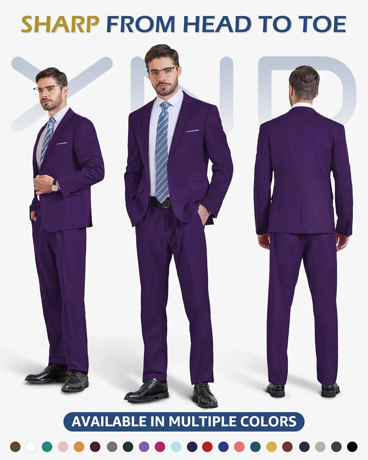 YND Men's Slim Fit 2 Piece Suit, One Button Solid Jacket Pants Set with Tie
