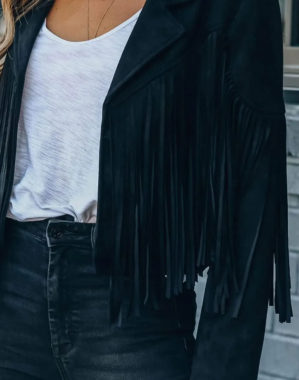 yoeasy Women Faux Suede Leather Tassel Coat Lapel Long Sleeve Motorcycle Short Fringe Jacket