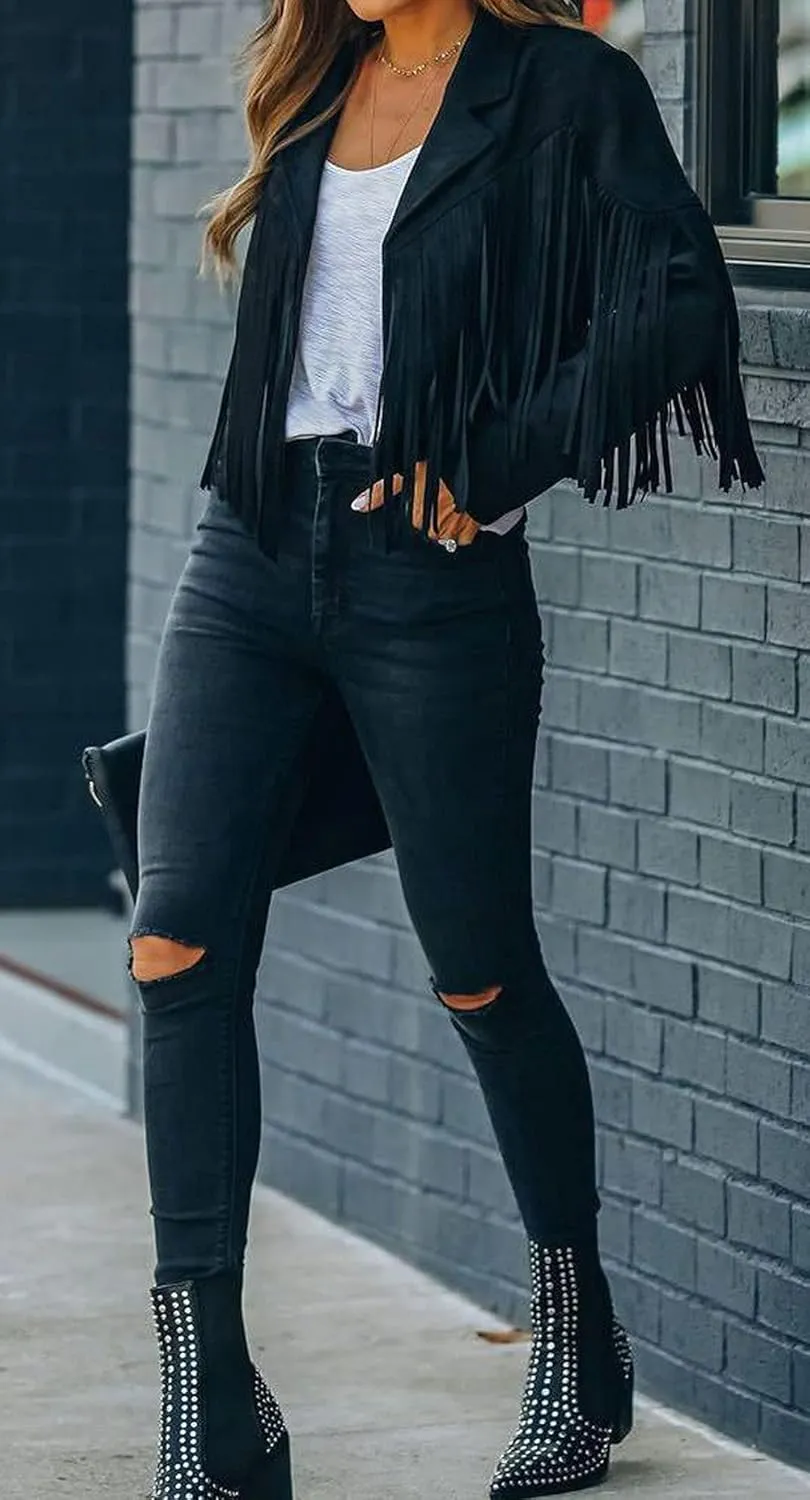yoeasy Women Faux Suede Leather Tassel Coat Lapel Long Sleeve Motorcycle Short Fringe Jacket