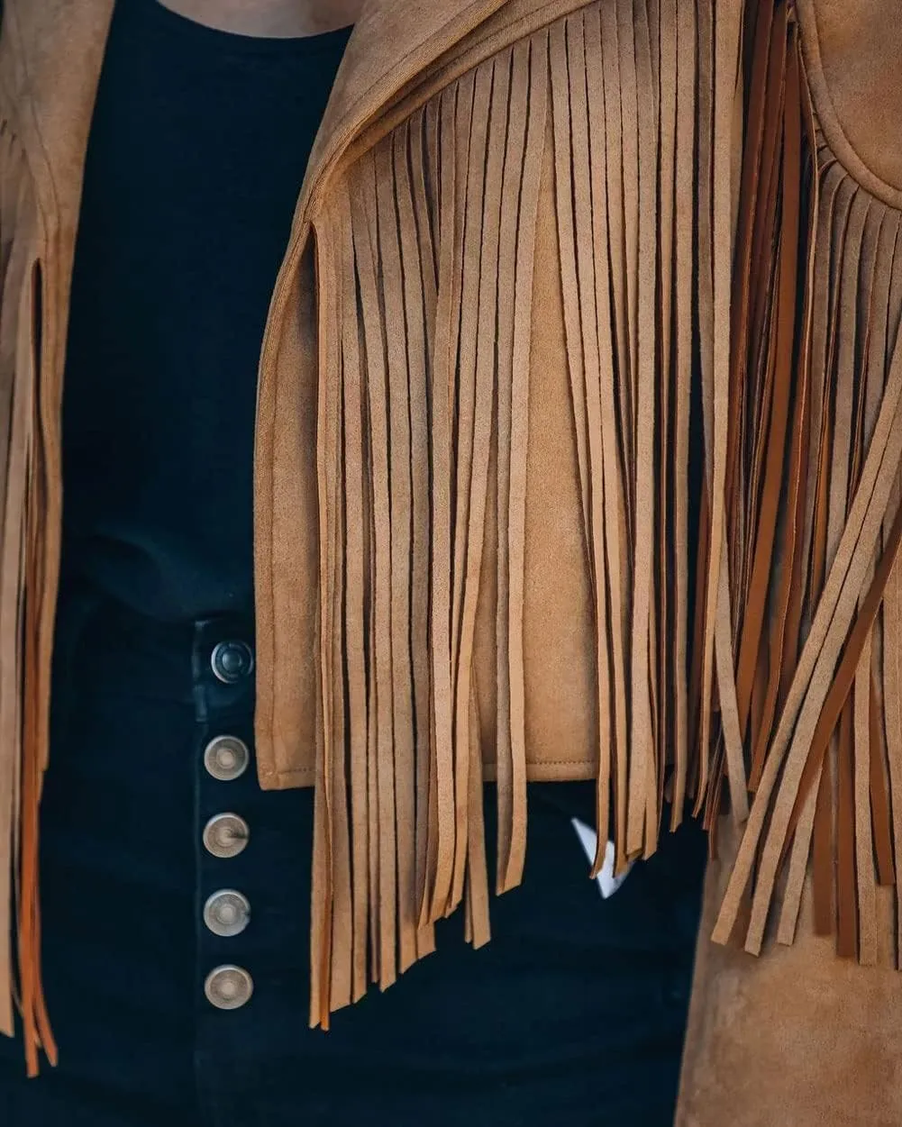 yoeasy Women Faux Suede Leather Tassel Coat Lapel Long Sleeve Motorcycle Short Fringe Jacket