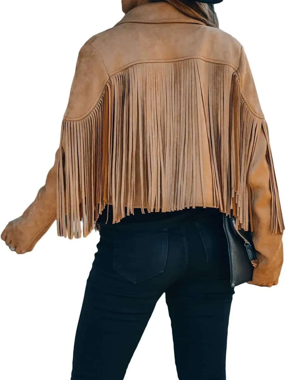 yoeasy Women Faux Suede Leather Tassel Coat Lapel Long Sleeve Motorcycle Short Fringe Jacket