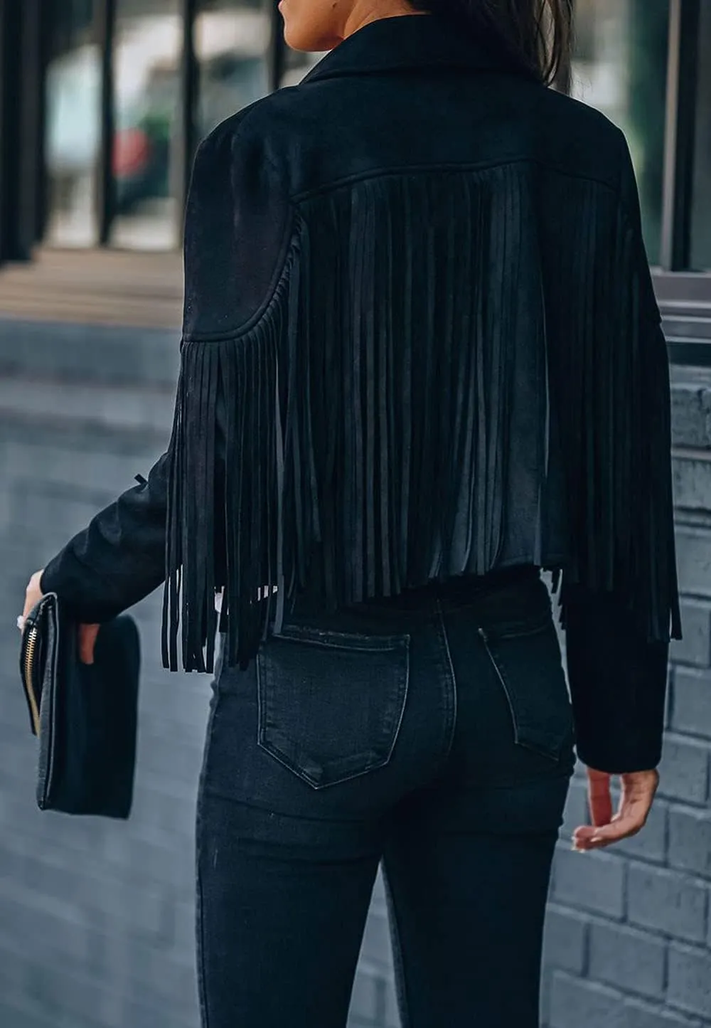 yoeasy Women Faux Suede Leather Tassel Coat Lapel Long Sleeve Motorcycle Short Fringe Jacket