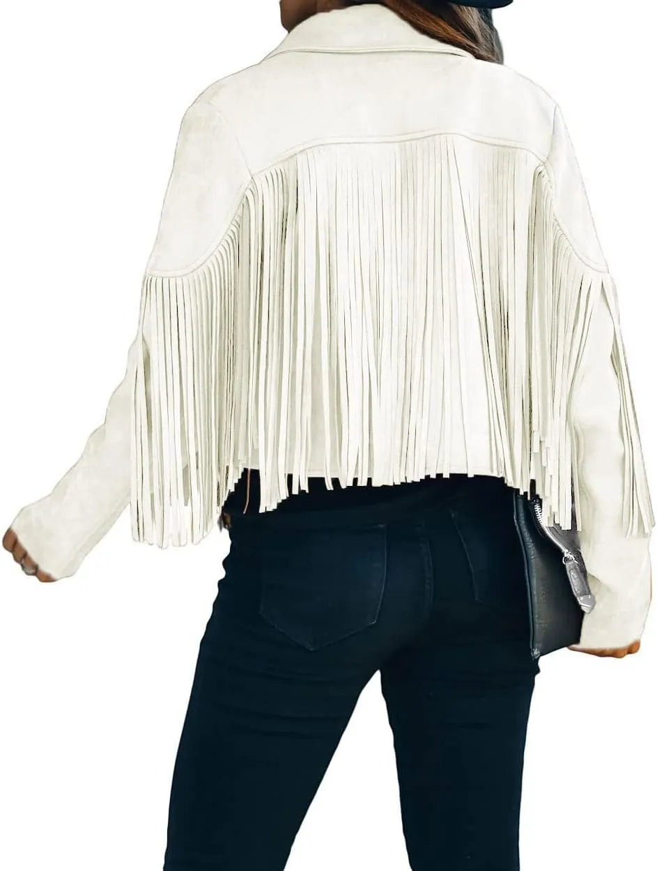 yoeasy Women Faux Suede Leather Tassel Coat Lapel Long Sleeve Motorcycle Short Fringe Jacket