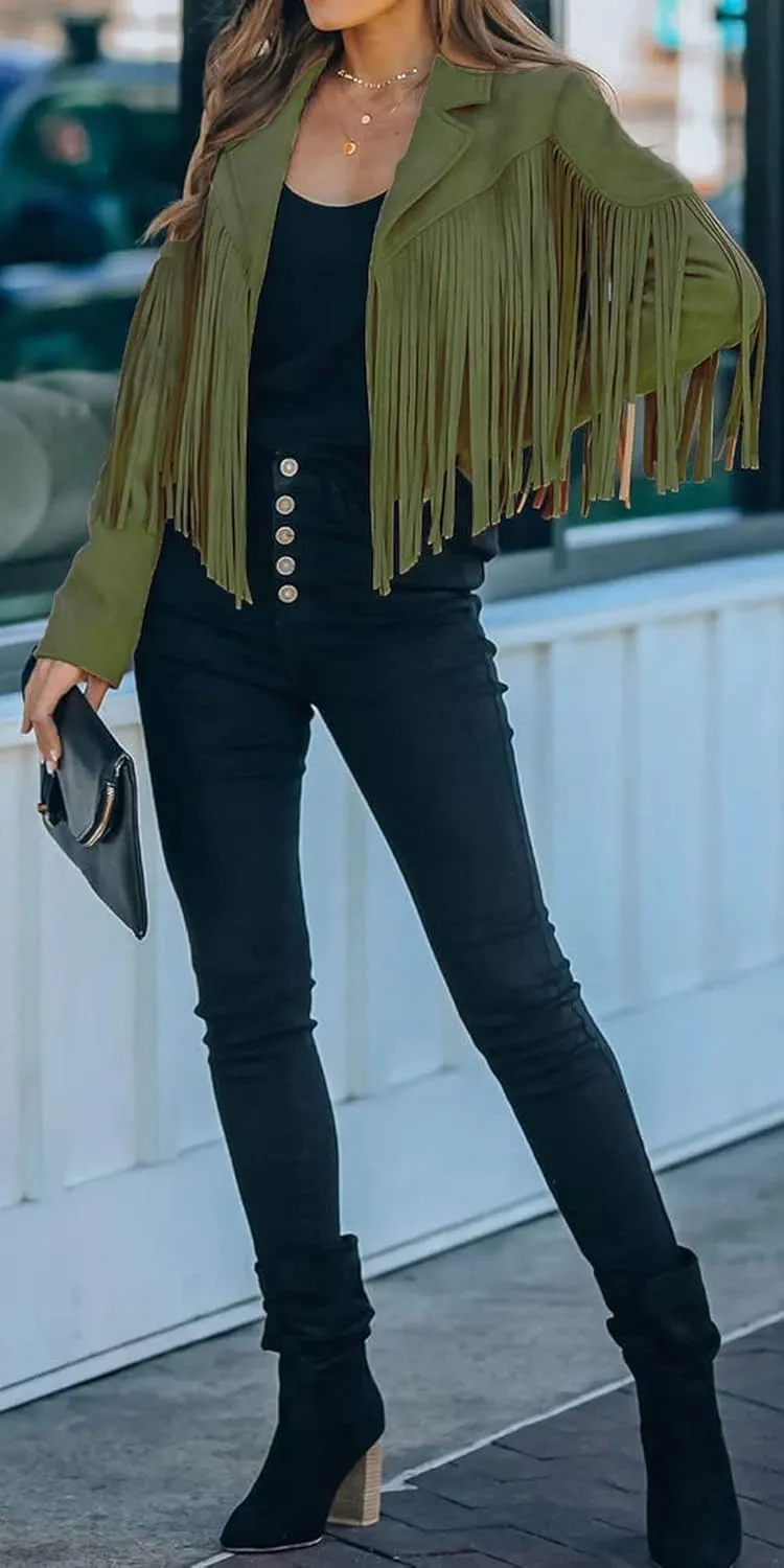 yoeasy Women Faux Suede Leather Tassel Coat Lapel Long Sleeve Motorcycle Short Fringe Jacket