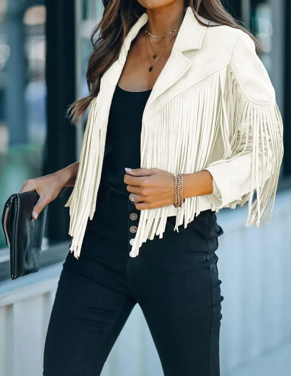 yoeasy Women Faux Suede Leather Tassel Coat Lapel Long Sleeve Motorcycle Short Fringe Jacket