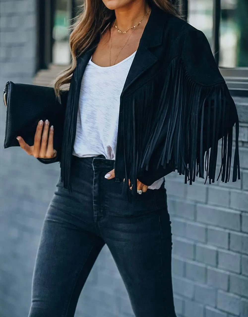 yoeasy Women Faux Suede Leather Tassel Coat Lapel Long Sleeve Motorcycle Short Fringe Jacket