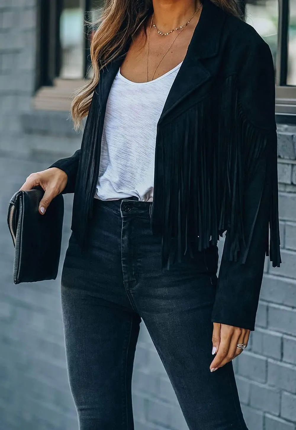 yoeasy Women Faux Suede Leather Tassel Coat Lapel Long Sleeve Motorcycle Short Fringe Jacket