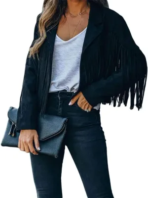 yoeasy Women Faux Suede Leather Tassel Coat Lapel Long Sleeve Motorcycle Short Fringe Jacket