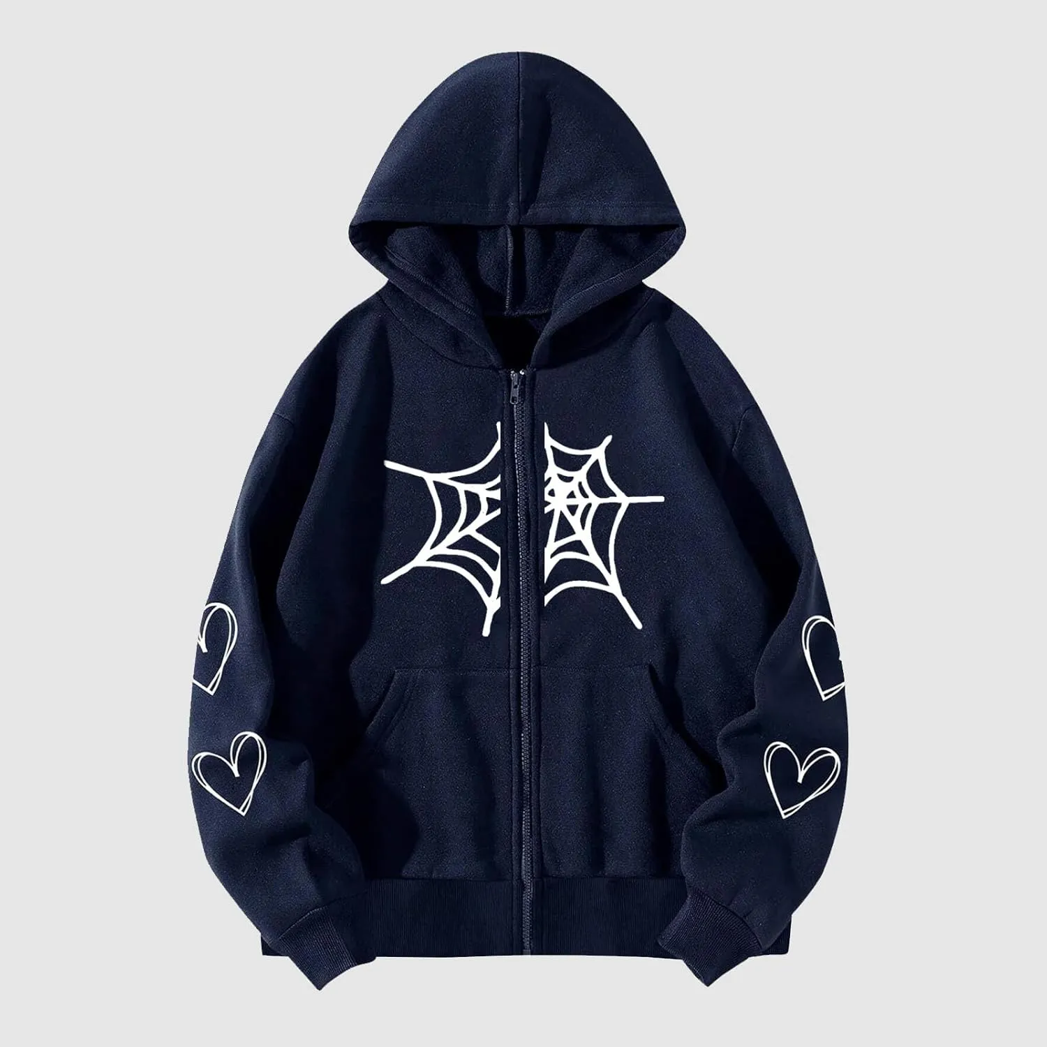 YRAETENM Oversized Y2k Zip up Hoodie for Women Men Gothic Spider Web Heart Graphic Sweatshirt Casual Lightweight Baggy Coats